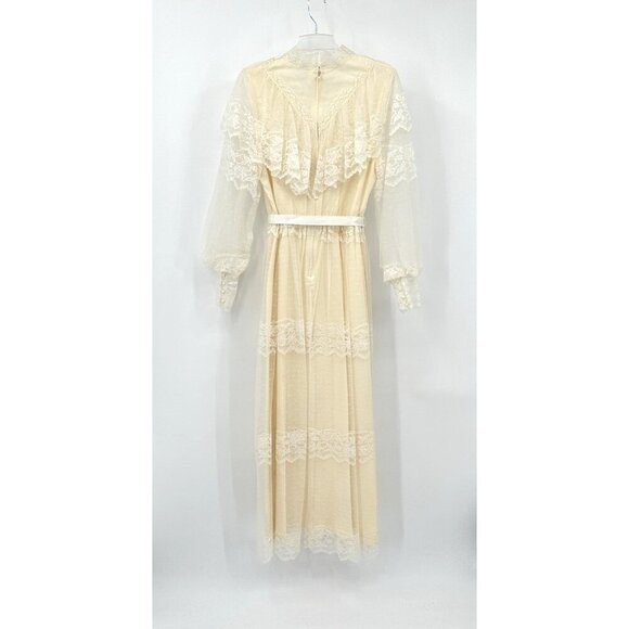vintage 70s WEDDING DRESS bridal lace victorian boho ivory off white maxi M L - Picture 9 of 13